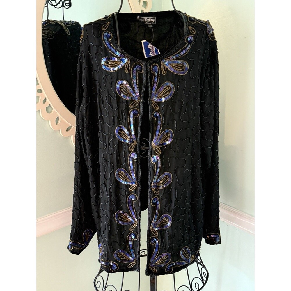 Royal Feelings Sequin‎ Beaded Jacket Womens Sz 2X Black Silk Lining Vintage Glam